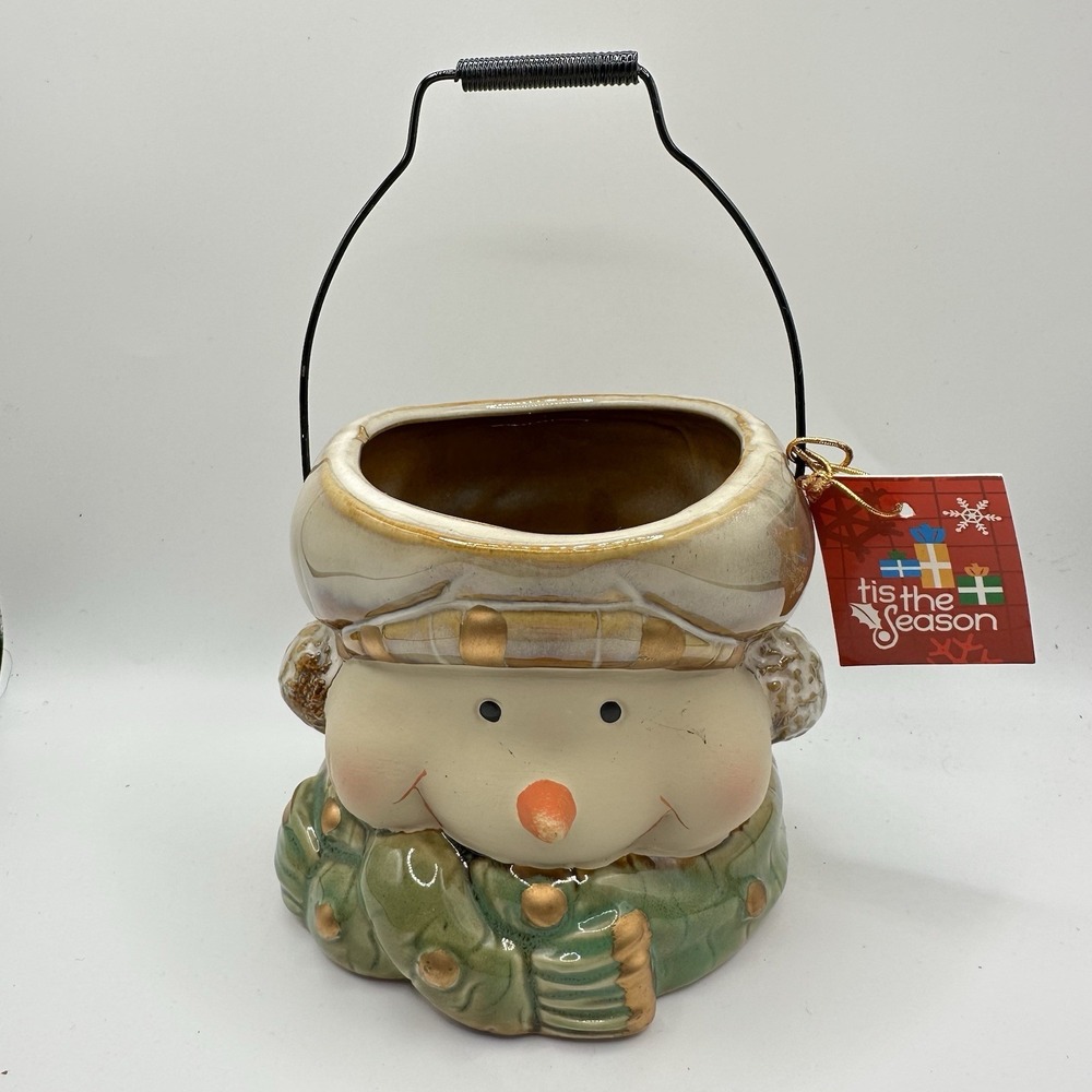 Ceramic Snowman Head with Top Hat and Scarf Candle Tea‎ Light Holder Christmas